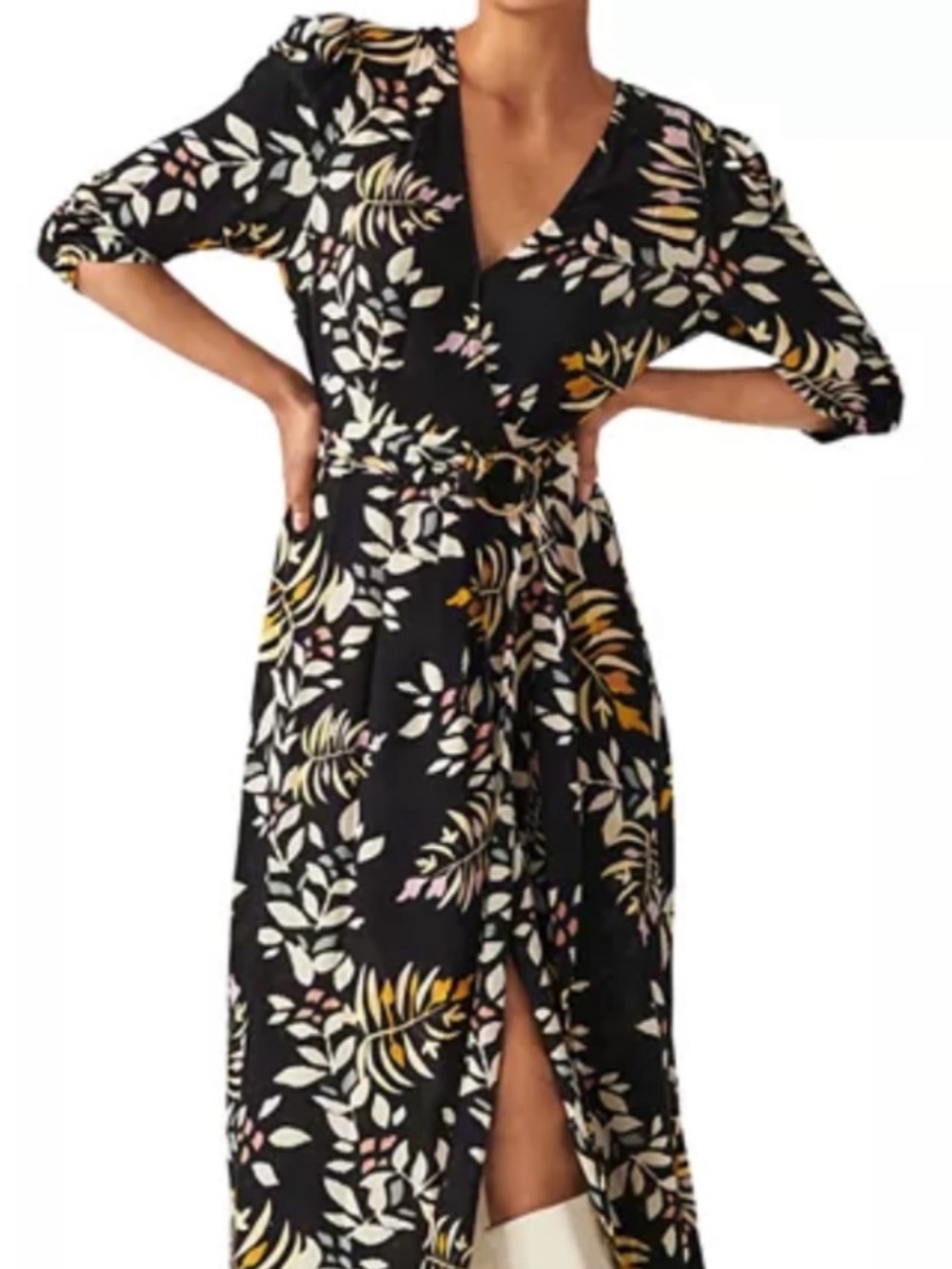 ba&sh Black Botanical Print Wrap Midi Dress with Tie Belt